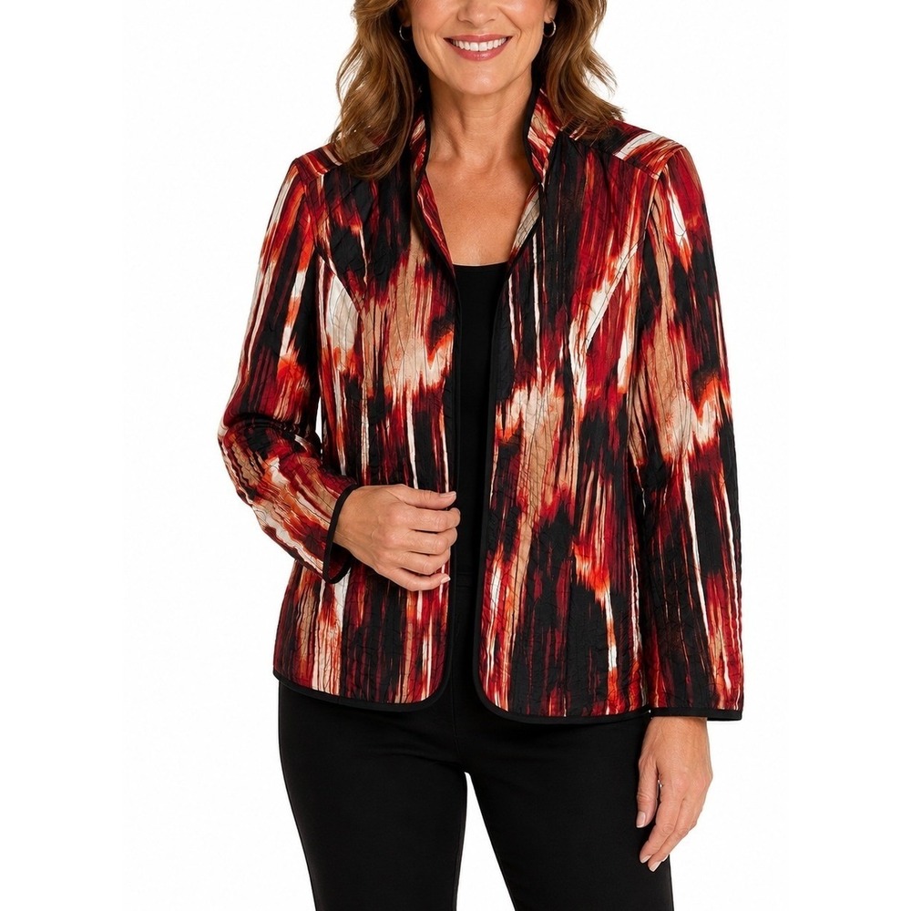 Chico's Quilted Jacket Women Size 3 Red Abstract Open Front Lightweight XL Artsy